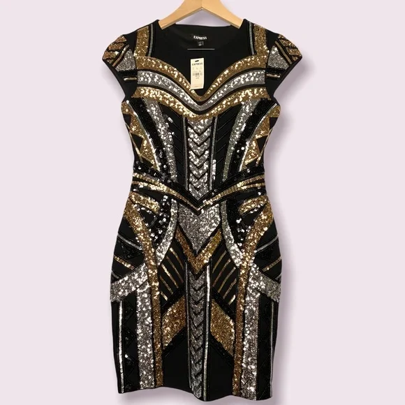 Express | Dresses | Express Black Gold Silver Sequin Bodycon